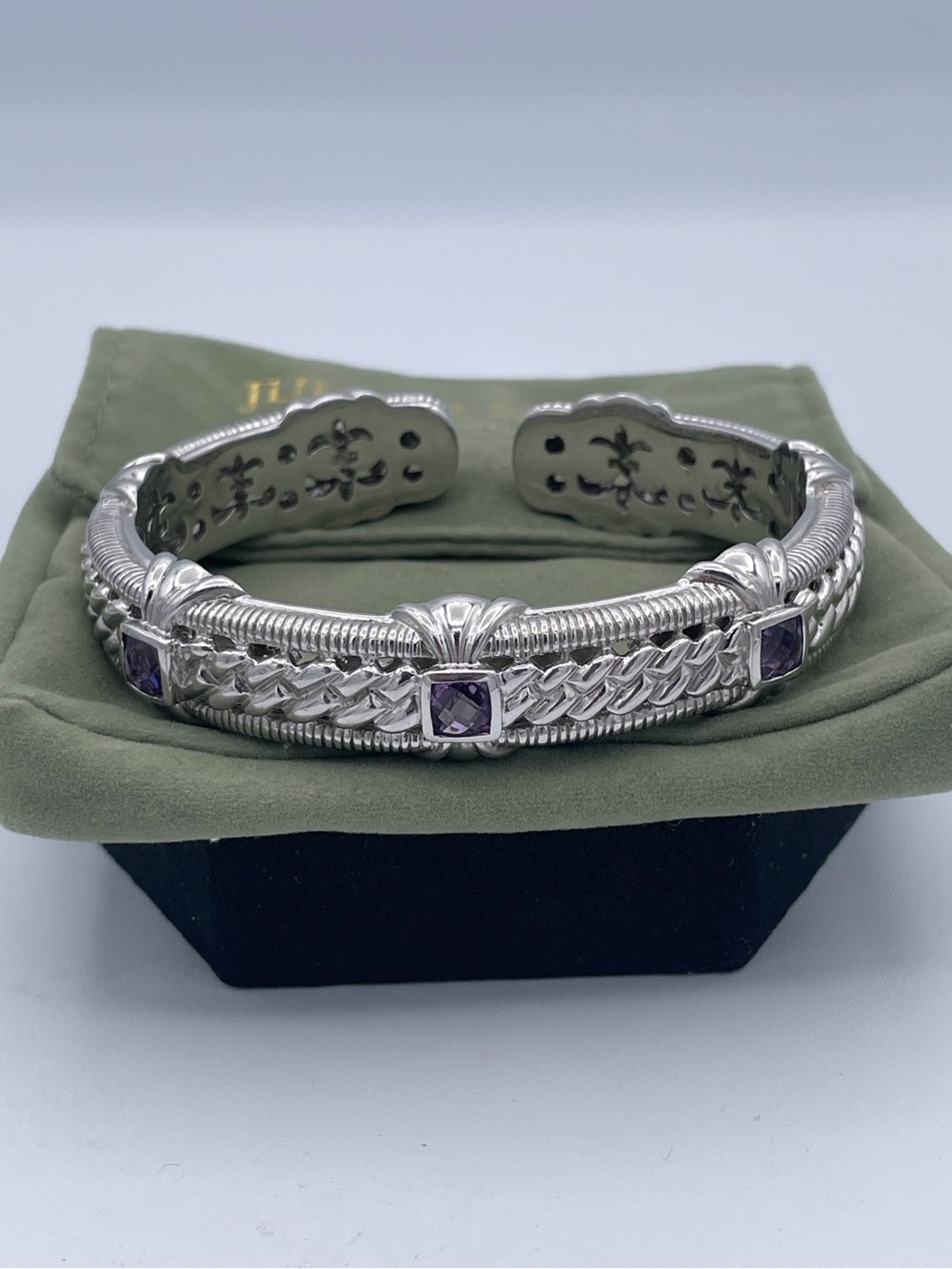 Judith Ripka 925 Sterling Silver Amethyst Cuff Bracelet Thailand Heavy 48.6g - Picture 8 of 11